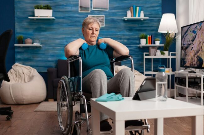 Invalid senior woman in wheelchair watching gym body exercise on tablet in living room Wheelchair yoga for seniors | Get started with Wheelchair yoga